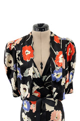 Beautiful 1930s Bias Cut Heavy Silk Satin Floral Print Dress w Scalloped Edged Jacket