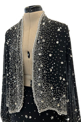 Gorgeous 1983 Halston Beaded Black Silk Chiffon Skirt & Jacket Set w Balloon Sleeves