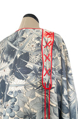 1970s Jean Varon Floral Printed Pale Blue Grey & Red Caftan w Red Piping & Long Tassel Details