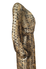 1970s Holly's Harp Silk Ribbon Chiffon Taupe & Black Print Dress