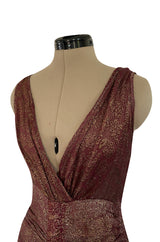 Late 1920s Unlabeled Gold Metallic Lame Thread Mixed w Deep Burgundy Silk Deep Plunge Dress