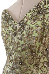 Incredible 1950s Mignon Densely & Heavily Beaded Green Silk Brocade Hourglass Dress