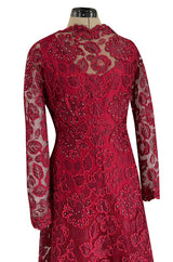 1986 Arnold Scaasi Couture Deep Red Lace Dress w Rhinestone Detailing & Trained Back Skirt