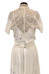 Ethereal 1930s Ivory Silk Tulle Net Dress w Pale Lavender & Cream Floral Embroidery
