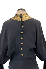 Fabulous 1930s Bias Cut Black Crepe w Gold Sequin Collar and Gold Metal Button Detail