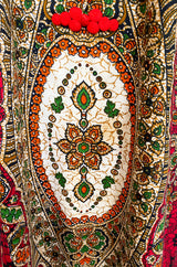 1960s Unlabeled Red Thai Print Cotton Caftan Dress w Frog Knot Detail