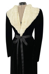 Exceptional 1920s I Magnin Inky Black Velvet Coat w Extravagant White Ermine Collar