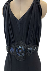 Avant Garde 1930s Black Moss Crepe Draped Halter Back Dress w Sequin Detailing