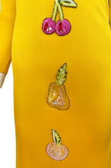 Early 1970s Bob Mackie Ray Aghayan Yellow Jersey Dress w Sequin Fruit
