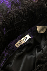 c.1988 Patrick Kelly Purple Brocade One Shoulder Feather Trim Dress