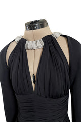 Fabulous 1980s Vicky Tiel Cut Outs Black Jersey Dress w Jewelled Pearl & Rhinestone Collar
