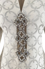 Fabulous 1960s Silver & White Brocade Tunic & Pant Set w Beaded Front Cut Out