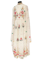 Exceptional 1960s Hand Sequinned Indian Silk Gauze Dress w Matching Veil or Shaw