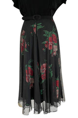 Gorgeous 1930s Best & Co. Black Silky Rayon Top w Netted Over Floral Printed Swing Skirt