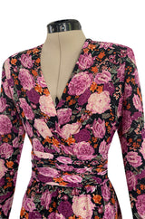 Pristine 1970s Jean-Louis Scherrer Haute Couture Pink Floral Print Silk Dress w Banded Waist
