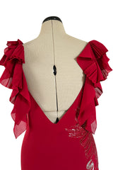 Incredible 2000s John Galliano Deep Red Bias Cut Dress w Silver Bead Detailing