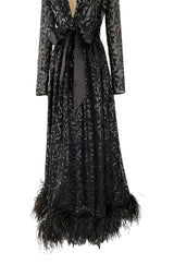 Fall 1974 Bill Blass Glossy Black Sequin & Silk Chiffon Dress w Feather Hem