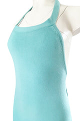 Important 1974 Halston Turquoise Cashmere Extremely Low Back Halter Dress
