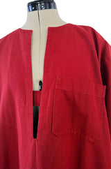 Late 1970s- Early 1980s Lanvin Rust Coloured Cotton Caftan Dress w Plunge Front & Side Pockets