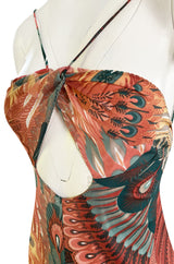 Documented 1976 John Kloss Feather Printed Front Cut Out Nylon Jersey Dress