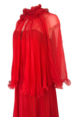 1970s Alfred Bosand Red Chiffon Accordion Pleat Dress & Matching Cape
