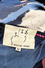 Incredible 1970s Hanae Mori Finest Possible Blue Silk Caftan Dress w Pink Floral Print