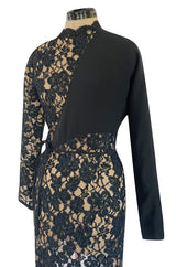 1990s Geoffrey Beene Black Ribbon Net Lace Dress w Nude Interior & Tied Panel Detailing