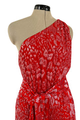 Spectacular 1980s Salvatore Ferragamo Red Glass Beaded One Shoulder Dress