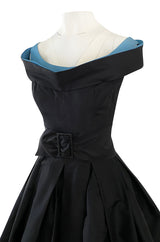1950s Nettie Rosenstein Black Silk Full Skirted Dress w Interesting Blue Trim Neckline
