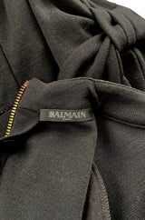 2010s Balmain Black Jersey Dress w Strong Shoulders, Front Knot & Keyhole