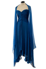 Spring 1990 Oscar De La Renta Deep Sapphire Blue Silk Chiffon Strapless Dress