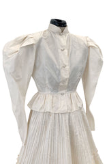 Gorgoeus Early 1980s Vicky Tiel Ivory Silk Pouf Shoulder Button Top & Pleated Skirt Set
