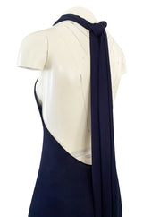 Important 1977 Halston Couture Navy Multi-Way Silk Jersey Plunge Dress w Extra Long Ties
