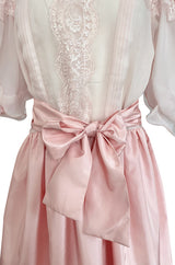 1980s Oscar de la Renta Pale Pink Taffeta, Lace & Chiffon Pouf Sleeve Dress