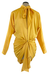 1980s Ady Couture Lausanne Yellow Bias Cut Silk Satin Two Way Tunic or Mini Dress