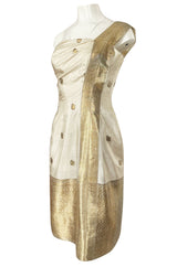 1960s Stavropoulos Gold Embroidered Ivory Silk One Shoulder Dress & Coat