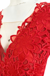 Resort 2015 Alberta Ferretti Red Silk Organza & Embroidered Lace Open Cut Work Dress