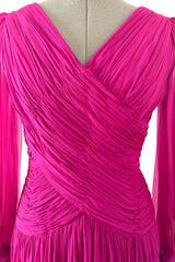 Gorgeous 1980s Richeline 'Valentino' Pink Silk Chiffon Dress w Full Sleeves & Plunge Front