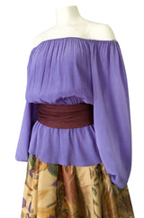 Fall 1977 Bill Blass Printed Silk Taffeta Skirt & Off Shoulder Purple Silk Top Dress Set