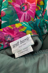 Documented 1973 Scott Barrie Pink & Green Floral Backless Silk Chiffon Dress