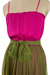 Gorgeous 1970s Galanos Couture Bright Pink & Moss Green Silk Chiffon Dress