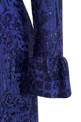 Extraordinary 1971 Givenchy Azure Blue Woven Silk & Metallic Thread Dress w Ruffled Cuffs & Hem