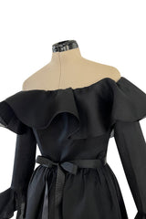 Gorgeous 1972 Nina Ricci Black Silk Gazaar Off Shoulder Dress W Ruffled Finishes