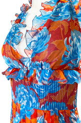 Spectacular c.1978 Valentino Blue & Coral Floral Silk Halter Backless Dress