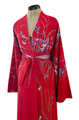 Gorgeous 1970s Hanae Mori Red Silk Kimono Caftan Dress w Sash & Beautiful Butterfly Print