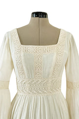Romantic 1970s Victor Costa Mexican Wedding Dress Feel Ivory Cotton Gauze & Lace Dress