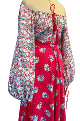 Prettiest 1970s Wallis Off Shoulder Red & Blue Floral Print Dress w Balloon Sleeves