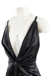 c.1984 John Anthony Black Metallic Lame Jersey Dress w Very Deep Front Plunge & No Back