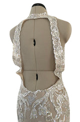 Feather Light Spring 1984 John Anthony Couture Plunging Ivory Lace Dress w Sequin Detailing
