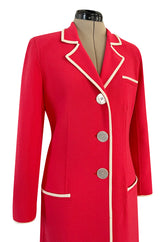 1980s Valentino Textured Wool Long Cut Jacket & Skirt Set in a Vivid Coral w Cream Trim